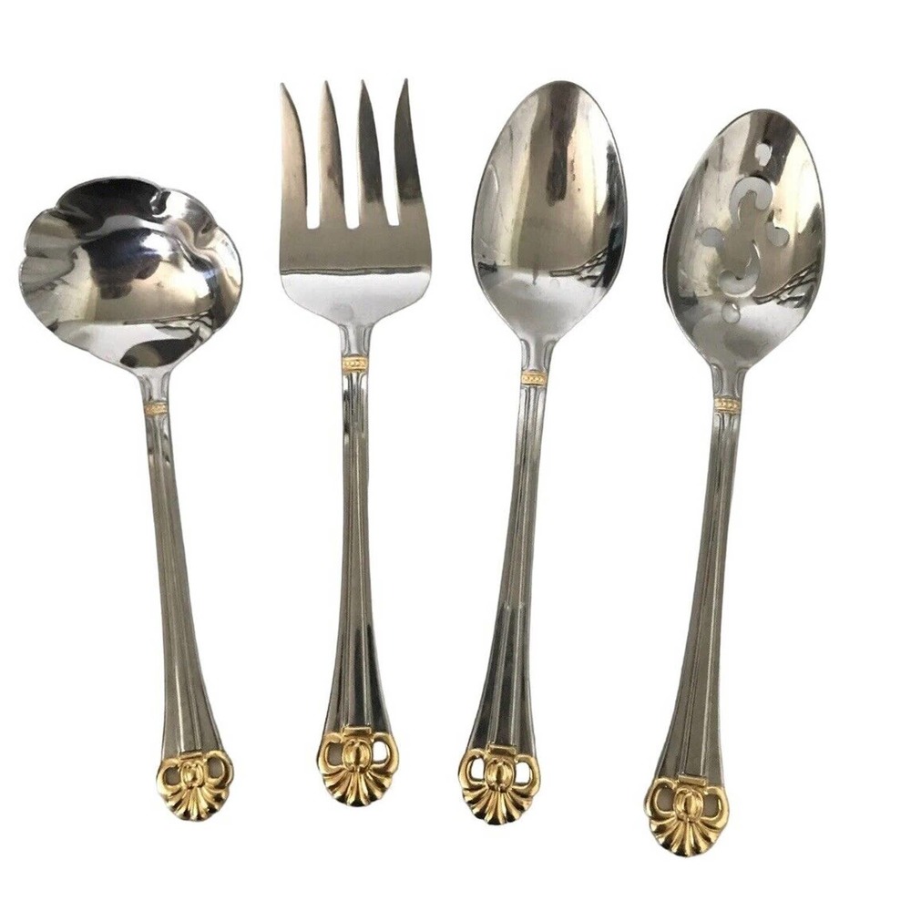 LOT of 4 - Estia GOTHIC GOLD Accent Stainless KOREA Flatware SERVING PIECES